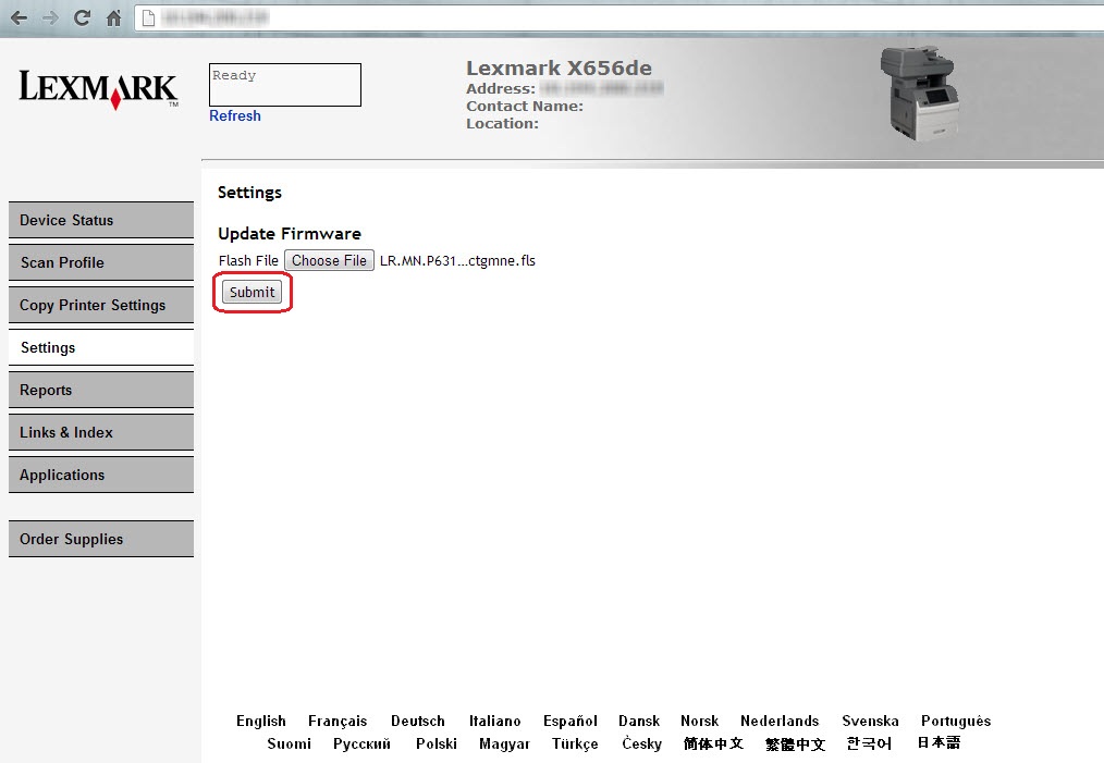 Updating the printer firmware via the Embedded  Server (EWS) Lexmark XC8355